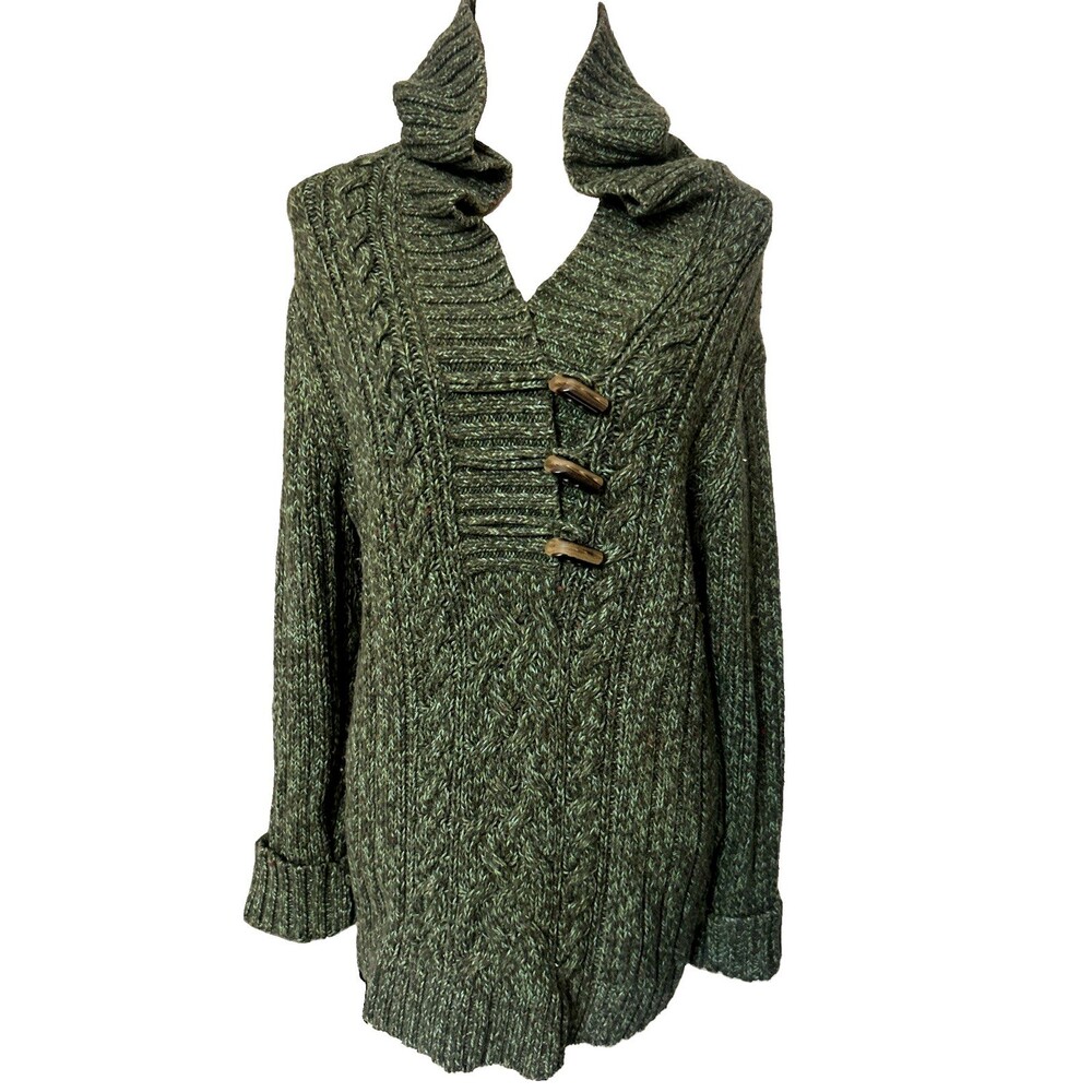 VTG Old Navy Womens XL Cable Knit Green Hoodie Toggle Angora Wool Sweater Y2K